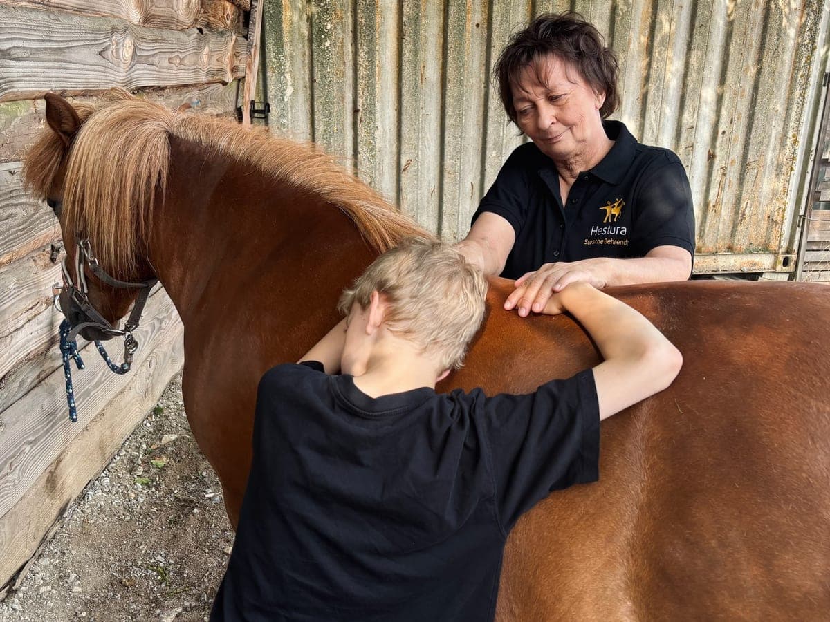 Reitpädagogin und Kind legen gemeinsam die Hände auf den Rücken eines Isländers