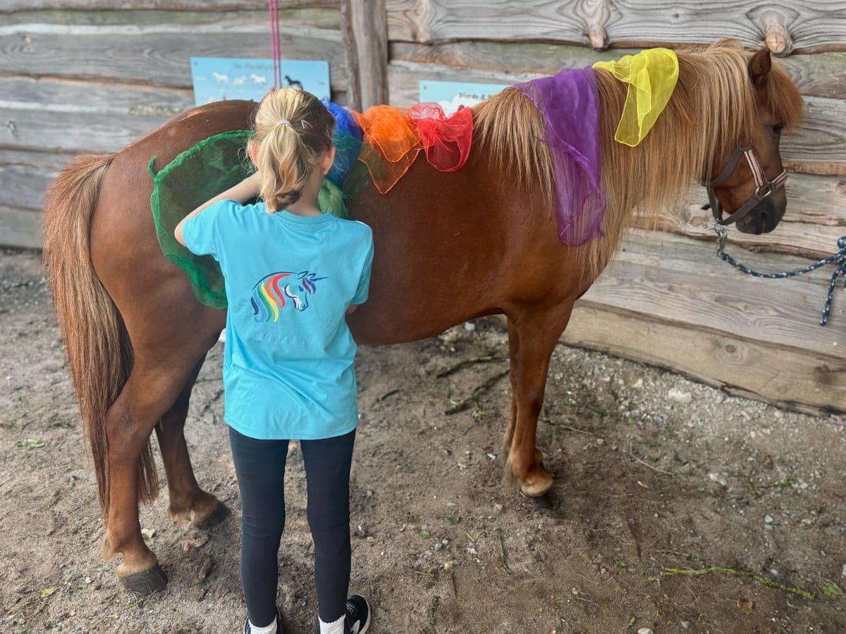 Pony mit bunten Tüchern auf dem Rücken, daneben ein Kind bei der Reitpädagogik